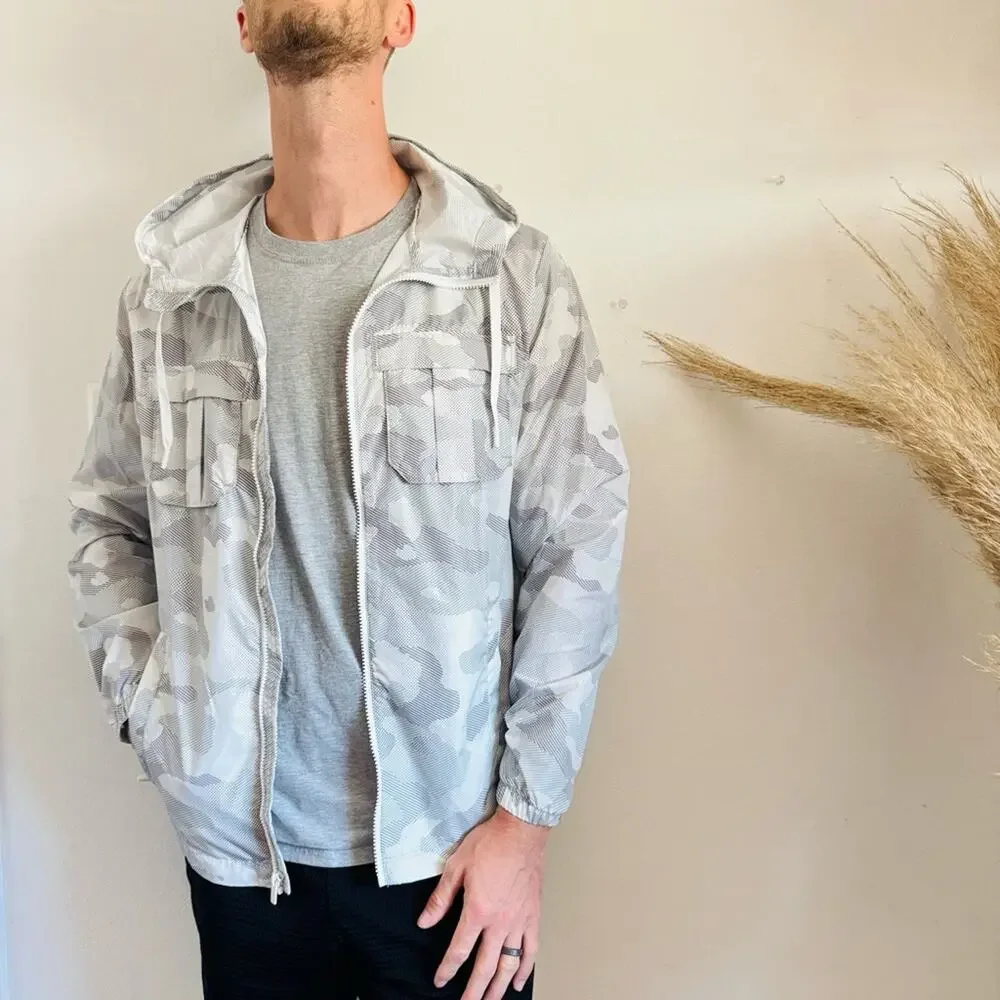 MENS ALL IN MOTION White Grey Camo Print Zip Hood Light Windbreaker Jacket S